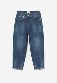 Denim jeans in donkerblauw met een relaxed fit, voorzien van vijf zakken, een knoop- en ritsluiting, en een rafelige zoom.
