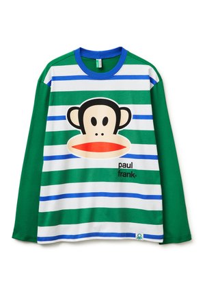 Langarmhemd mit grünen und weißen Streifen, blauem Kragen, grünen Ärmeln und einem großen Cartoon-Affen-Gesicht mit dem Schriftzug "paul frank" auf der Vorderseite.