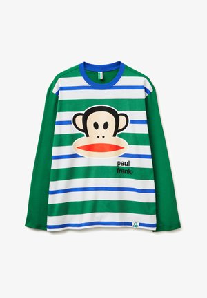 Camisa de manga larga con rayas verdes y blancas, cuello azul, mangas verdes y una gran cara de mono de dibujos animados con el texto "paul frank" en el frente.