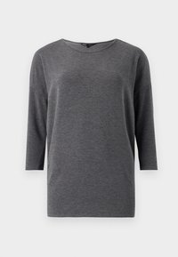 Maglia grigia a maniche lunghe realizzata in tessuto morbido, con scollatura rotonda e vestibilità rilassata, caratterizzata da cuciture sulla spalla a caduta e un design semplice.