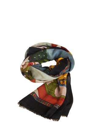 Multicolored scarf with intricate patterns, made of soft fabric. Features fringed edges and vivid illustrations of figures and nature.