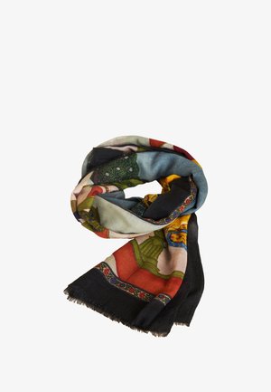 Multifarbener Schal mit kunstvollen Mustern, aus weichem Stoff gefertigt. Verfügt über fransige Kanten und lebendige Darstellungen von Figuren und Natur.