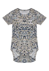 Korte ærmes body suit i beige med blåt og grønt abstrakt mønster. Har en rund halsudskæring og trykknaplukning i bunden.