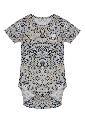 Korte ærmes body suit i beige med blåt og grønt abstrakt mønster. Har en rund halsudskæring og trykknaplukning i bunden.