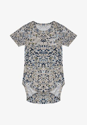 Korte ærmes body suit i beige med blåt og grønt abstrakt mønster. Har en rund halsudskæring og trykknaplukning i bunden.