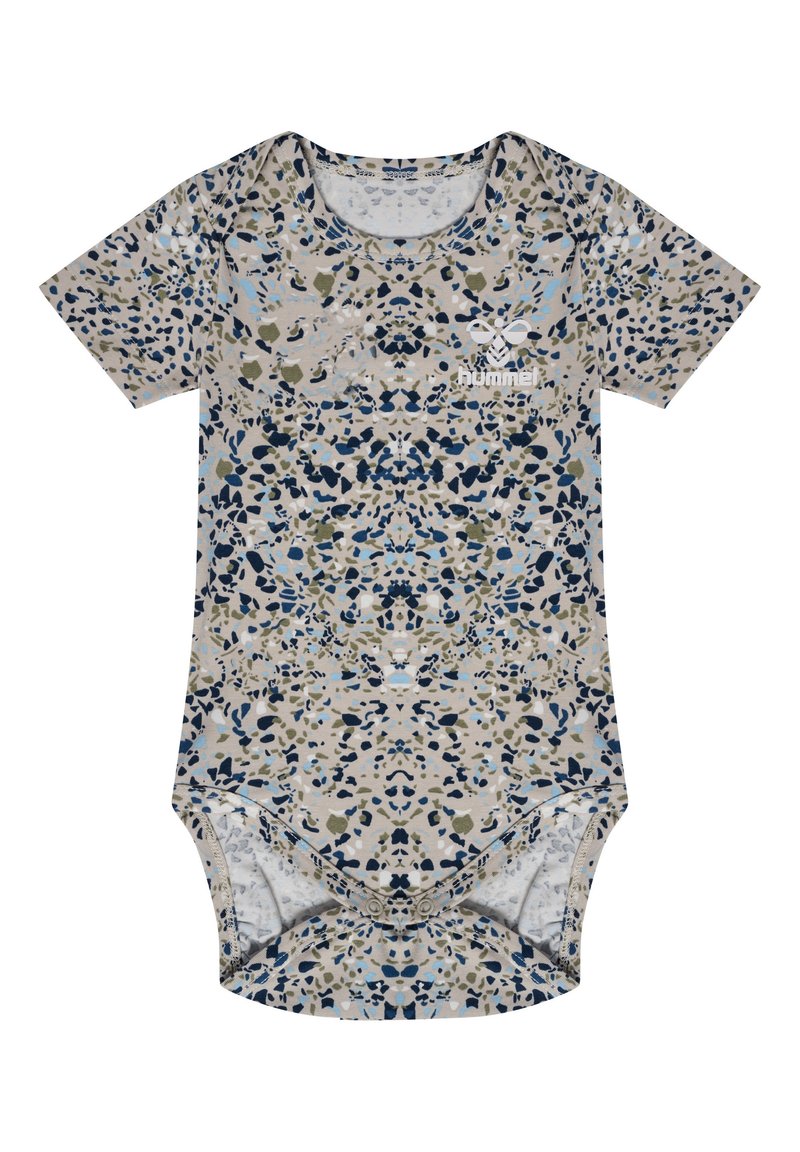 Korte ærmes body suit i beige med blåt og grønt abstrakt mønster. Har en rund halsudskæring og trykknaplukning i bunden.