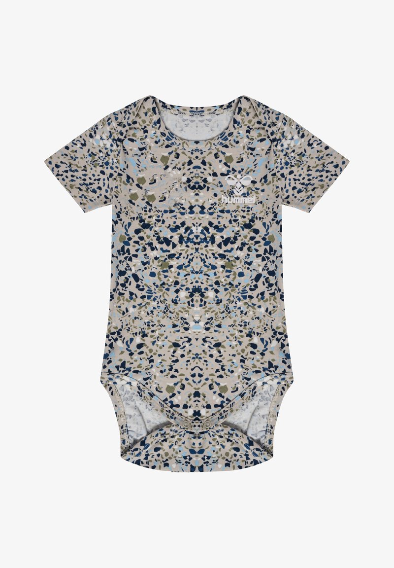 Korte ærmes body suit i beige med blåt og grønt abstrakt mønster. Har en rund halsudskæring og trykknaplukning i bunden.
