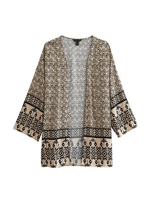 Beżowe kimono o otwartym przodzie z czarnymi geometrycznymi wzorami, szerokimi rękawami i mieszanką motywów zygzaków i diamentów.