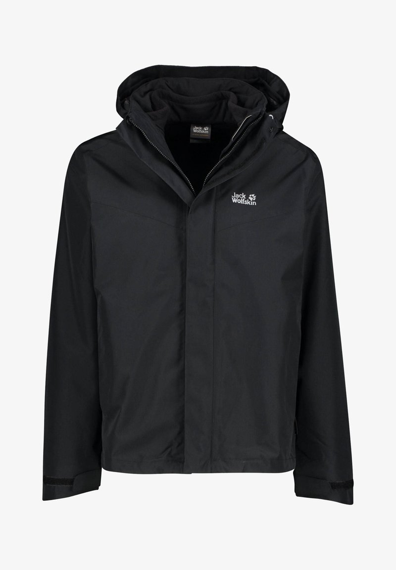 Czarna wodoodporna kurtka z kapturem, zapinana na zamek z przodu, z regulowanymi mankietami na rzep. Logo umieszczone po lewej stronie u góry.