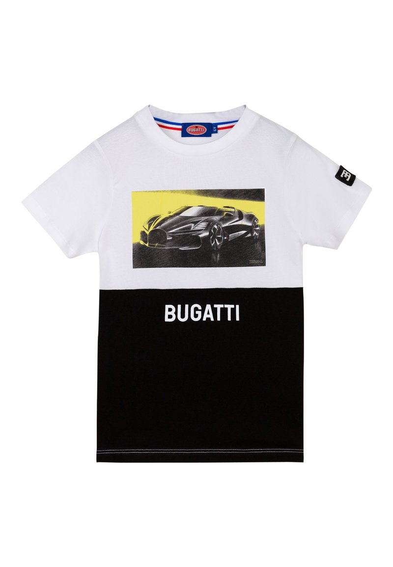 T-shirt in cotone bianco e nero con grafica di un'auto sulla parte anteriore, sfondo giallo e testo "BUGATTI" in bianco nella parte inferiore.