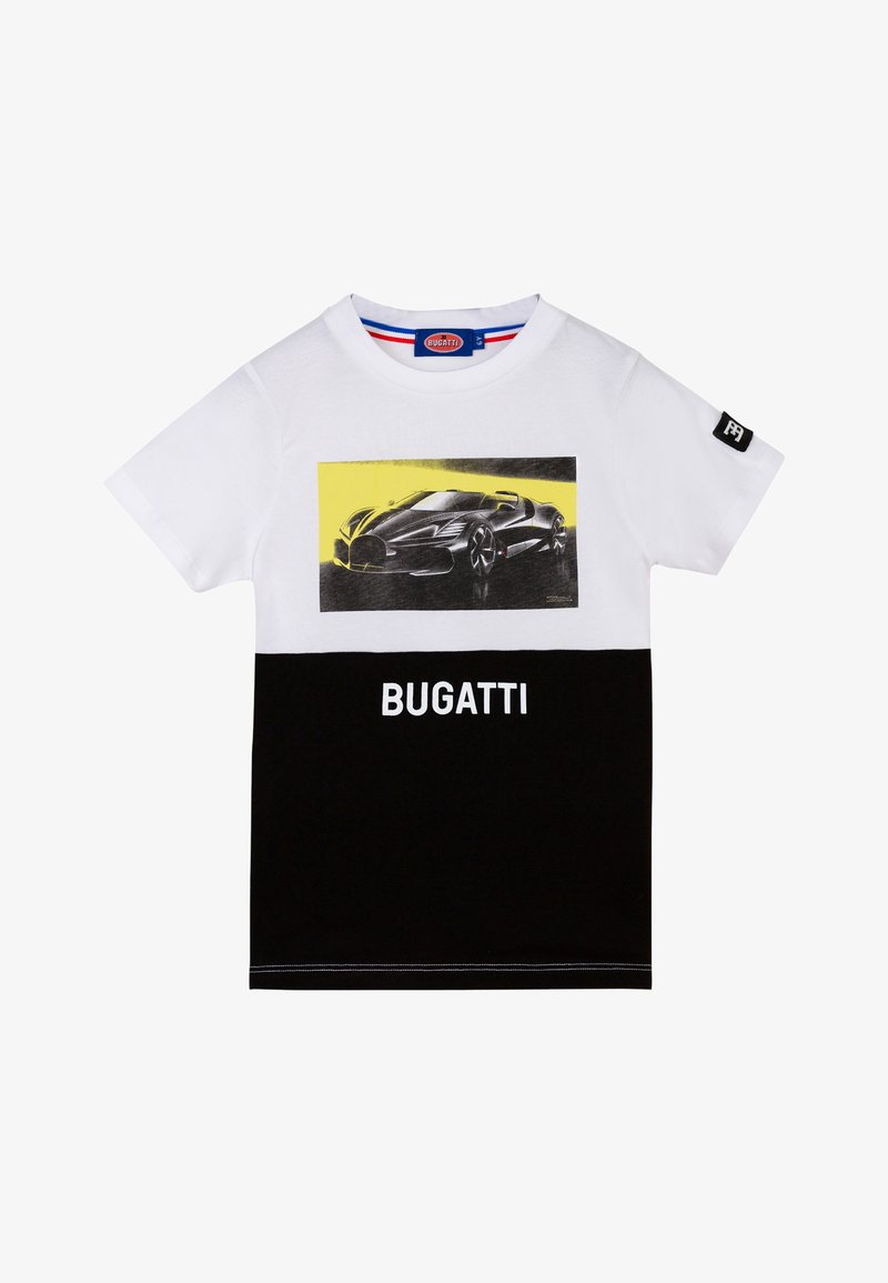 T-shirt in cotone bianco e nero con grafica di un'auto sulla parte anteriore, sfondo giallo e testo "BUGATTI" in bianco nella parte inferiore.