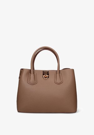 Sac à main en cuir brun texturé avec deux poignées supérieures, une fermeture à fermoir en métal doré et un design carré.