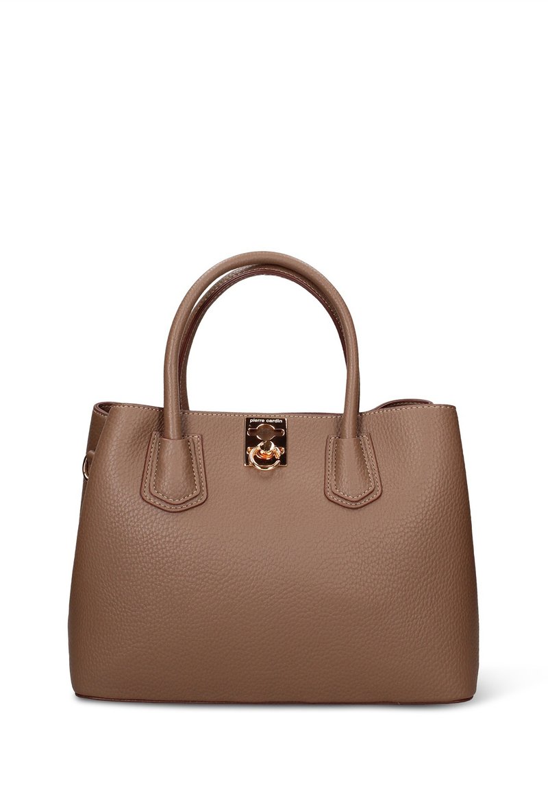 Bruine leren handtas met een gestructureerd oppervlak, twee bovenhandgrepen, een sluiting van goudkleurig metaal en een vierkante vorm.