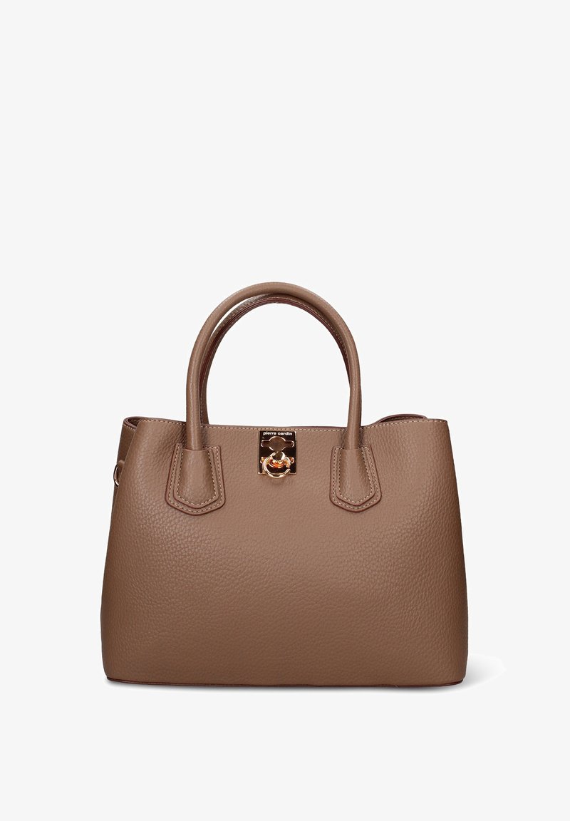 Bruine leren handtas met een gestructureerd oppervlak, twee bovenhandgrepen, een sluiting van goudkleurig metaal en een vierkante vorm.