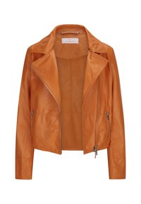 Orangenes Lederjacke mit tailliertem Design, ausgeklinktem Kragen, vorderem Reißverschluss und seitlichen Reißverschlusstaschen. Glatte Textur, ungefüttertes Innere.