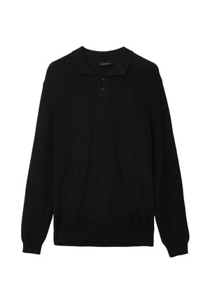 Pull polo en maille noire à manches longues avec col et deux boutons sur la patte de boutonnage devant, présenté sur fond blanc.
