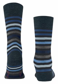 Calze a righe con una base blu navy, caratterizzate da righe alternate di blu chiaro, blu scuro, grigio e nero; texture a costine nella parte superiore.
