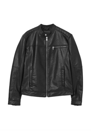Veste en cuir noir avec fermeture éclair à l'avant, col montant, texture subtile, poches latérales et une petite poche poitrine zippée. Coupe ajustée.