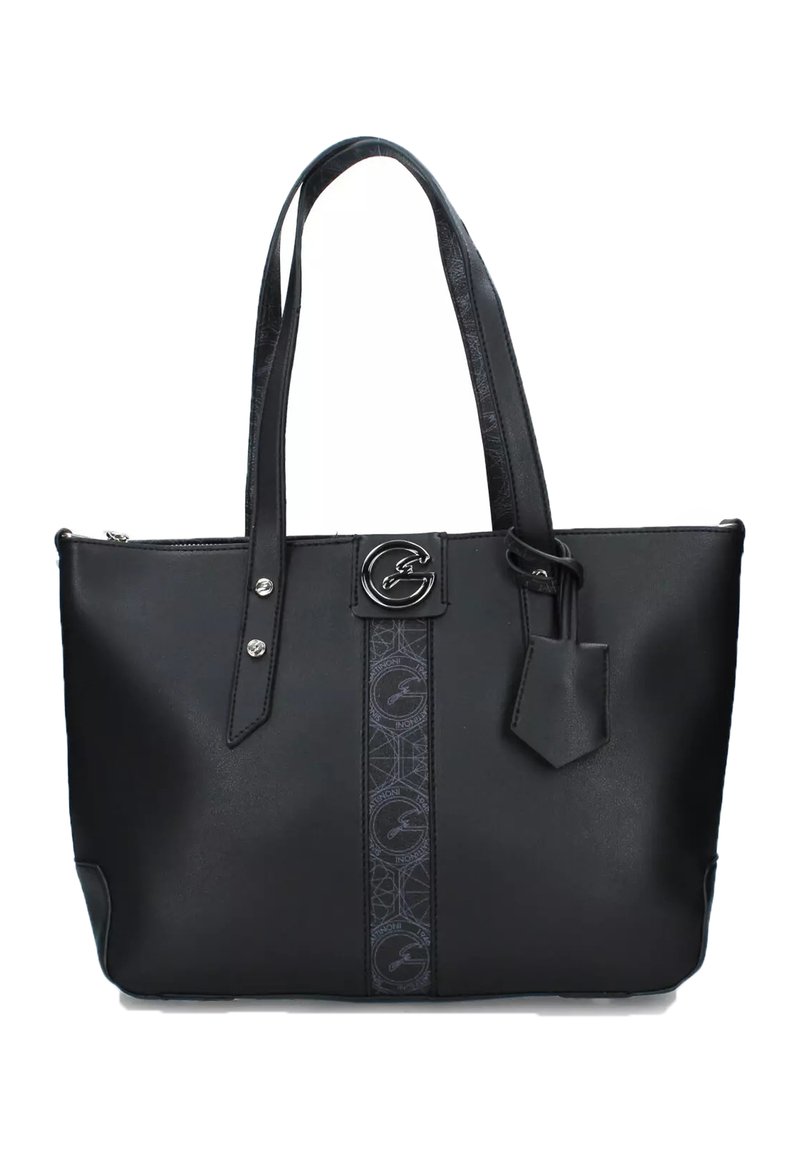 Borsa a tracolla nera in materiale sintetico con manici doppi, hardware argentato e una striscia centrale decorata con un logo. Texture liscia, forma rettangolare.