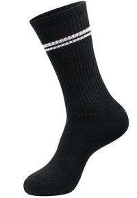 Schwarze gerippte Socken mit zwei weißen Streifen oben. Hergestellt aus einem weichen Material mit einem figurbetonten Knöcheldesign.