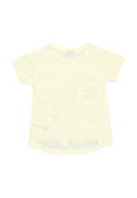 Żółta koszulka z krótkim rękawem i okrągłym dekoltem, z delikatnym wzorem postaci na plecach. Miękka bawełniana tkanina.
