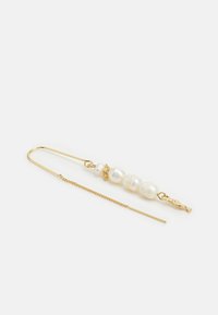 Gold-tone earring featuring three uneven white pearls, a delicate chain, and a stylized accent at the base. Smooth and shiny textures present.