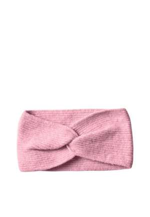 Bandeau en maille côtelée rose doux avec un nœud torsadé sur le devant, adapté pour temps froid ou comme accessoire de mode.