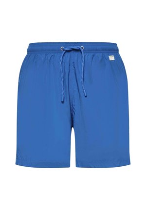 Short de bain bleu pour homme avec taille élastique et cordon, avec une petite étiquette blanche sur le côté droit.