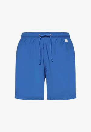 Bañador corto azul para hombre con cintura elástica y cordón, con una pequeña etiqueta blanca en el lado derecho.