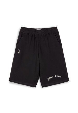 Schwarze Sportshorts aus weichem Stoff, mit elastischem Bund, seitlichen Taschen und weißem gesticktem Text am Saum.