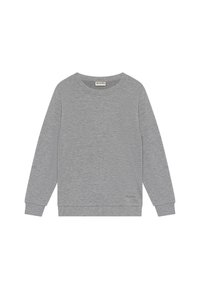 Sudadera gris de manga larga con cuello redondo, con puños y dobladillo acanalados, que presenta un pequeño logo "minymo" en la parte inferior derecha.