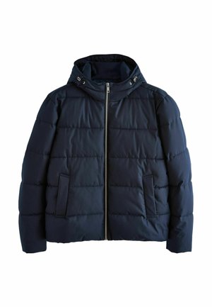 Veste rembourrée navy avec fermeture éclair à l'avant, capuche et deux poches latérales. Le tissu présente une texture lisse et un motif matelassé pour l'isolation.