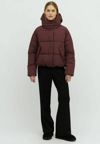 Giacca a vento bordeaux con colletto alto e design a cuciture orizzontali. Presenta tasche laterali e una vestibilità ampia. Abbinata a pantaloni neri.