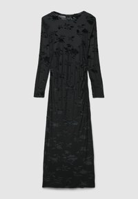 Robe noire à manches longues en tissu velouté, avec un motif floral, un col rond et une silhouette droite.