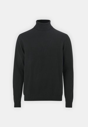 Maglione nero a collo alto realizzato in tessuto a maglia. Design aderente con maniche lunghe e polsini e orlo a coste. Texture liscia, senza fantasie.