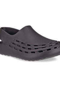 Schwarze leichte Clogs mit Belüftungsöffnungen und einer glatten, matten Oberfläche; abgerundete Vorderseite, rückloses Design und strukturierte Sohle für besseren Halt.