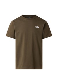 T-shirt en coton vert olive à manches courtes, col rond, avec un petit logo blanc sur le côté gauche de la poitrine. Texture lisse, coupe décontractée.