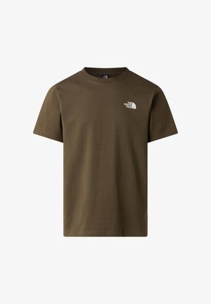 Olive green cotton t-shirt with short sleeves, round neckline, and small white logo on the left chest. Smooth texture, relaxed fit.