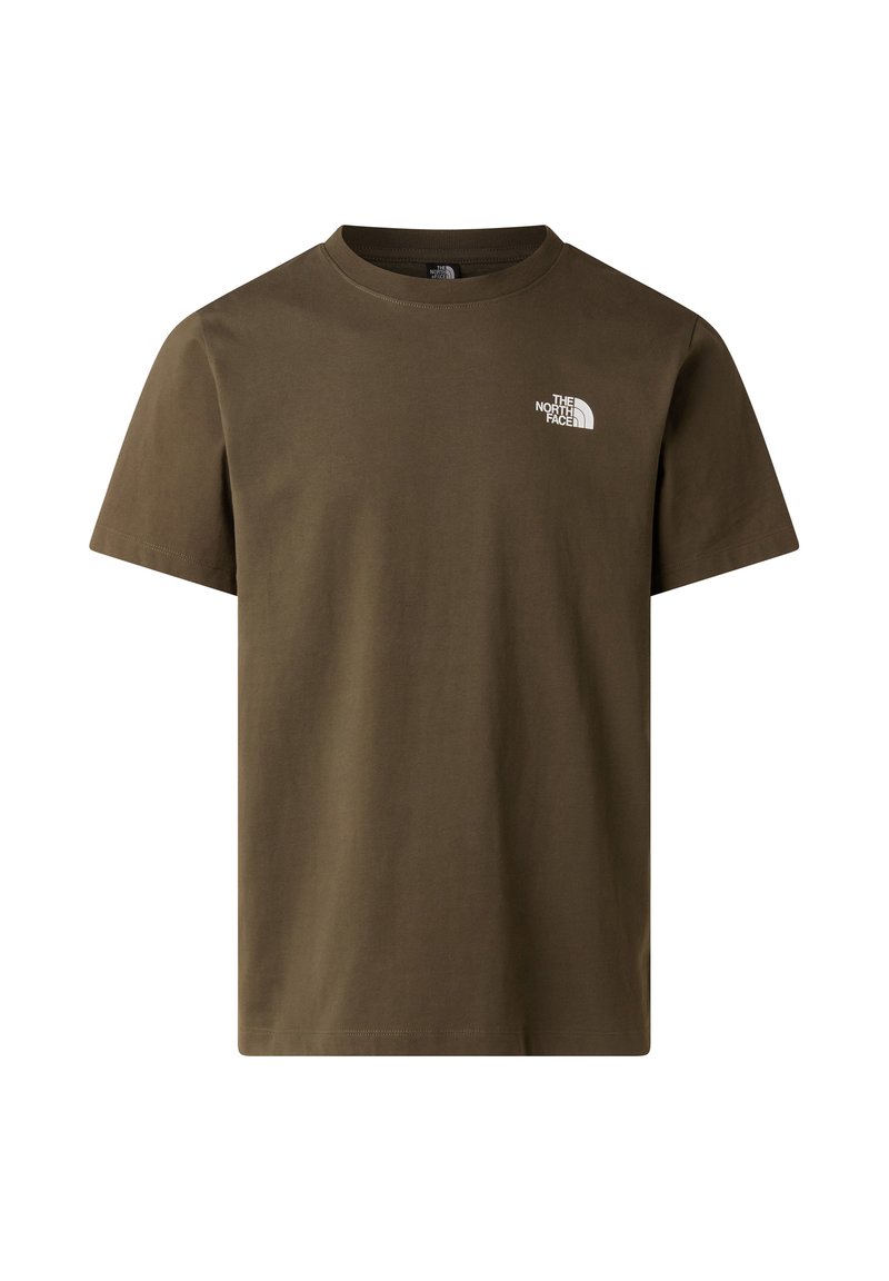 Olive green cotton t-shirt with short sleeves, round neckline, and small white logo on the left chest. Smooth texture, relaxed fit.