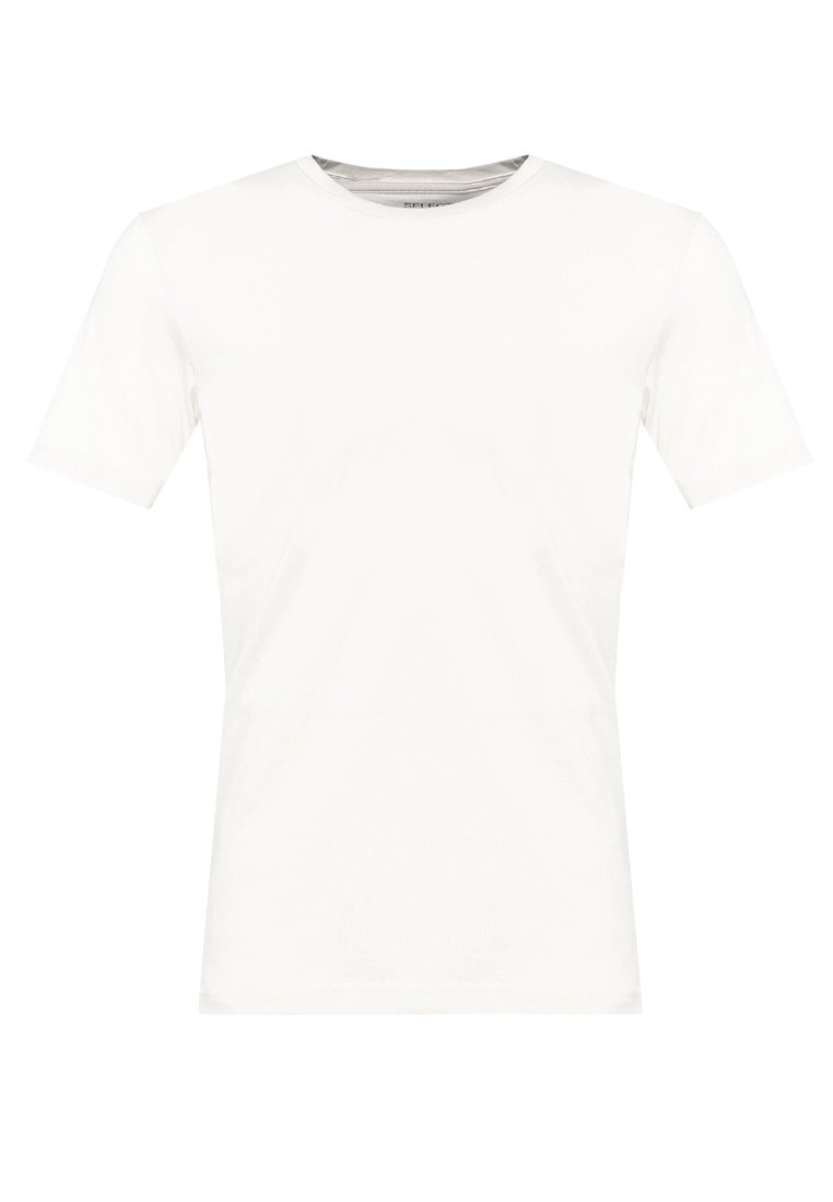T-shirt bianco a maniche corte in un morbido tessuto misto cotone con colletto rotondo. Presenta una texture liscia e un design semplice e pulito, privo di fantasie.