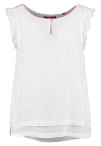 Blusa bianca con tessuto strutturato, caratterizzata da un colletto rotondo, maniche corte a volant e un sottile strato trasparente all'orlo.