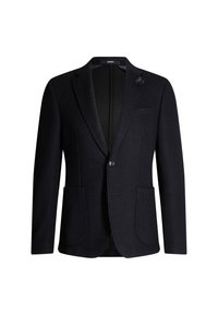 Blazer a righe navy, chiusura con un bottone, rever a punte, due tasche davanti a toppa, tessuto testurizzato, parte di una collezione smart-casual.