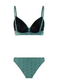 Bikini verde menta con patrón texturizado. La parte superior tiene copas triangulares y tirantes ajustables. La parte inferior es de corte clásico, a juego en color y diseño.