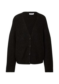 Schwarze Strickjacke mit V-Ausschnitt, Knöpfen auf der Vorderseite und weiten Ärmeln. Hergestellt aus strukturiertem Stoff, mit lockerer Passform.