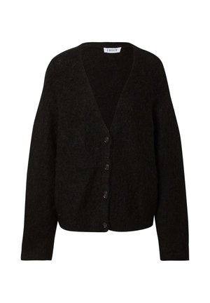 Zwarte cardigan met een V-hals, knopen aan de voorkant en brede mouwen. Gemaakt van gestructureerde stof en heeft een losse pasvorm.
