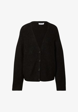 Schwarze Strickjacke mit V-Ausschnitt, Knöpfen auf der Vorderseite und weiten Ärmeln. Hergestellt aus strukturiertem Stoff, mit lockerer Passform.