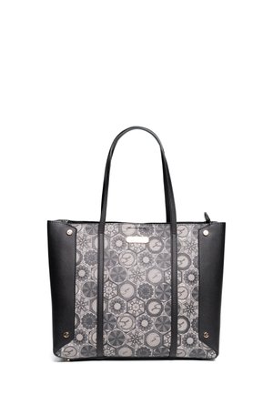 Borsa tote con corpo in tela grigia a motivi e bordi neri in materiale sintetico. Presenta manici lunghi e accenti in metallo dorato.