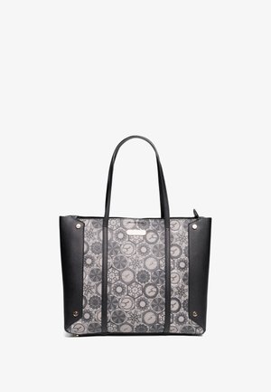 Tote bag met een grijs patroon canvas lichaam en zwarte synthetische randen. Voorzien van lange banden en accenten in goudkleurig metaal.