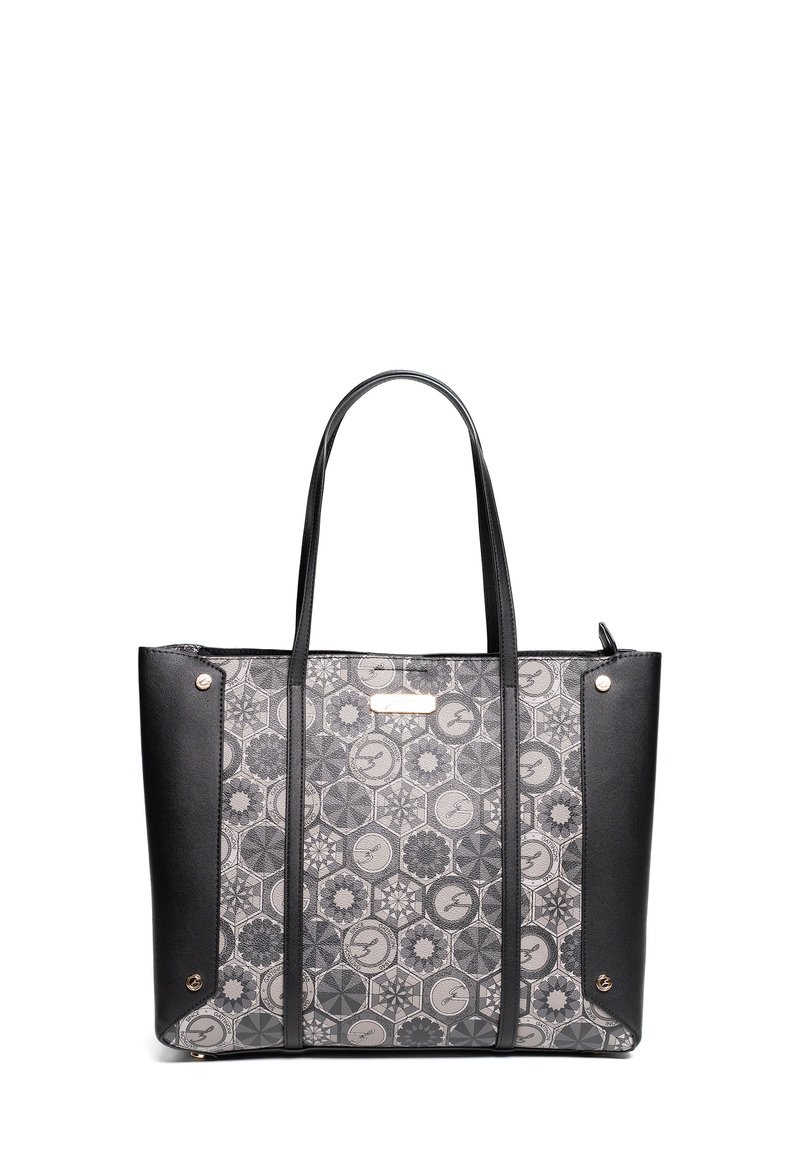 Tote bag met een grijs patroon canvas lichaam en zwarte synthetische randen. Voorzien van lange banden en accenten in goudkleurig metaal.