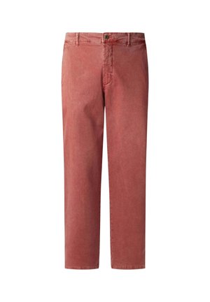 Pantaloni chinos rossi in cotone con design a gamba dritta, dotati di zip frontale, chiusura con bottone superiore e una sottile texture in tutta la superficie.